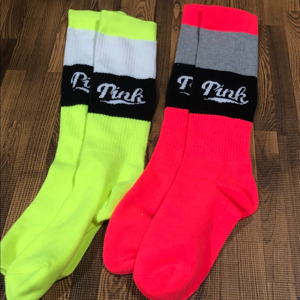 PINK Victoria's Secret Neon Yellow & Neon Pink Colorblock Crew Socks